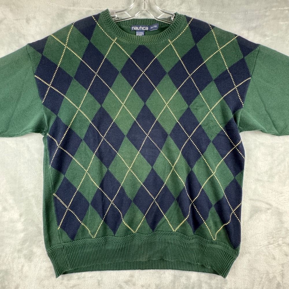 VTG Y2K Nautica Men's Argyle Sweater Green Navy Crew‎ Neck Long Sleeve Cotton XL